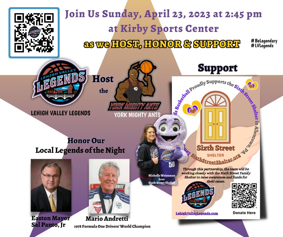 LVLegendsBBall's tweet photo. Join Us on Sunday April 23rd as we HOST the York Mighty Ants, HONOR racecar legend Mario Andretti and Easton Mayor Sal Panto Jr, and offer SUPPORT for the Sixth Street family Shelter in Allentown PA.
Doors open at 2pm, tip-off is 3pm. Get tickets at https://t.co/zqy5t0BPny https://t.co/UdRDajICLJ