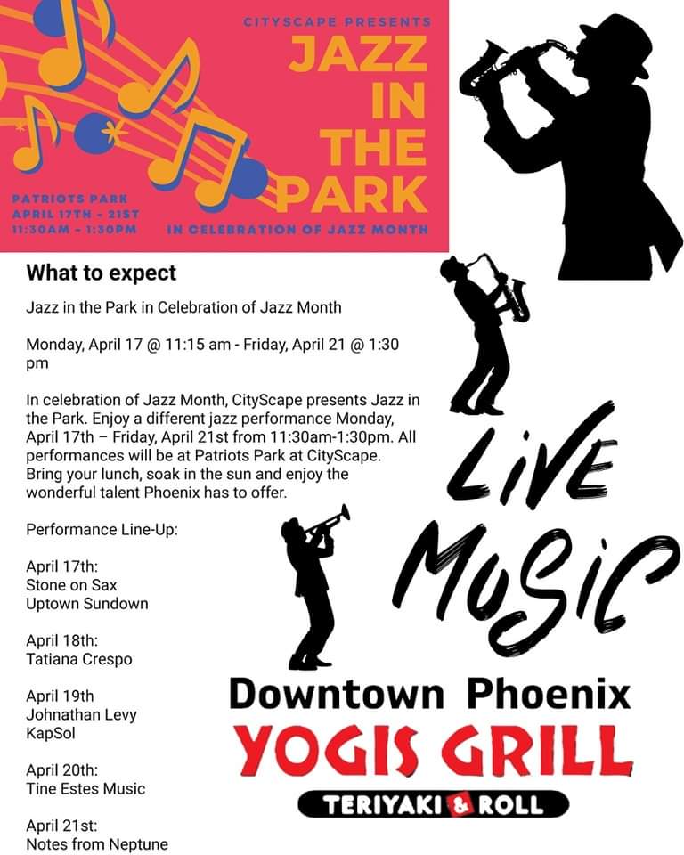 Remember this week there's SOOO much to do in the Downtown area!
JAZZ IN THE PARK! 🎷
RALLY THE VALLEY! 🏀 
Make sure to enjoy your YOGIS lunch in the JAZZ in the park event or fuel up for the RALLY THE VALLEY!
#jazzinthepark
#rallythevalley
#YogisPhoenix 
#foodie
<a href="/cityscapephx/">CityScape Phoenix</a>