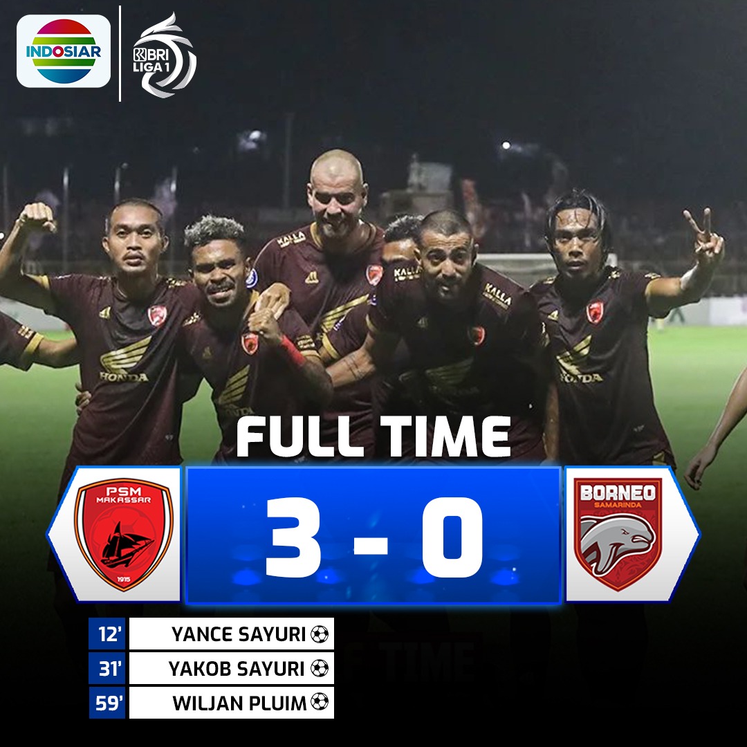 Indosiar's tweet image. PSM Makassar berhasil tutup musim ini dengan raih kemenangan telak 3-0 atas Borneo FC Samarinda.

Duo kembar Sayuri masing-masing cetak gol serta tambahan dari Pluim. Full Senyum Ewako!

#BRILiga1 #IndosiarSports #IndosiarRumahSepakbolaIndonesia #PSM #BorneoFC