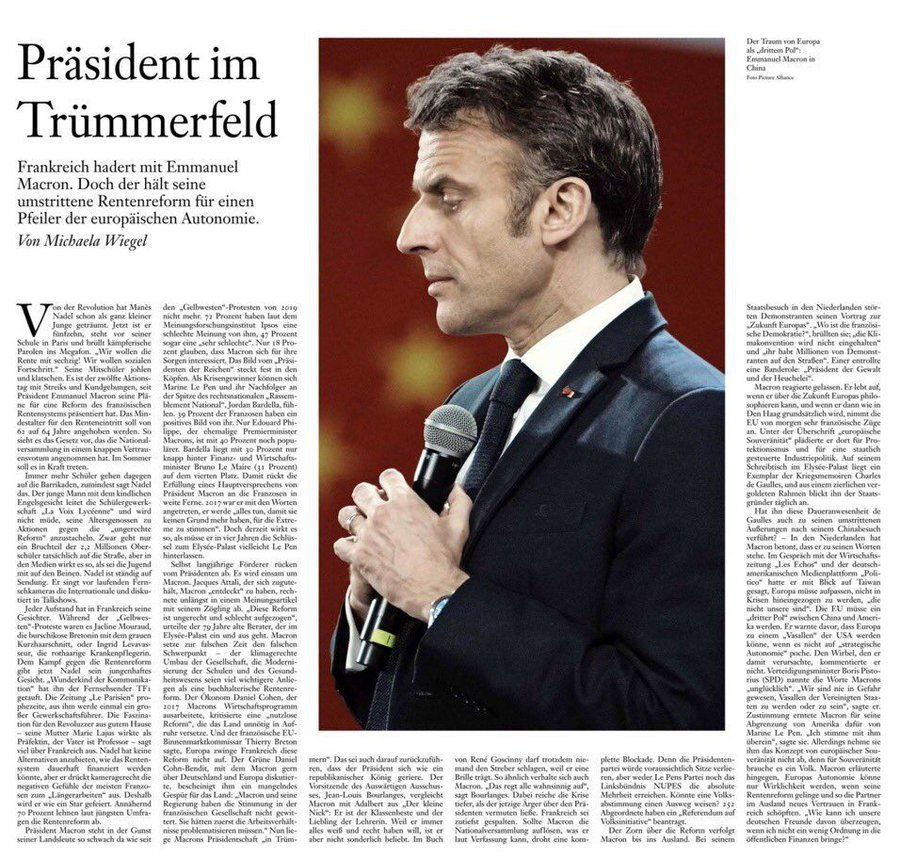 ivarsigurdson's tweet photo. 🔴🇩🇪🇫🇷 Le journal allemand Frankfurter Allgemeine Zeitung explique que Macron a transformé la France en un «champ de ruines». Il compare Emmanuel Macron à l'empereur romain Néron. https://t.co/6yaNojLtPA