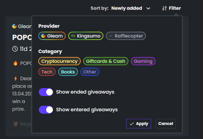 giveaway_li_com's tweet photo. Just added functionality to hide already entered giveaways. 
This is on by default but can be deactivated using the new "Show entered giveways" toggle.
Thanks to @LuS91RRcOE77Ys4 for the great suggestion! https://t.co/vA1746c3Wl