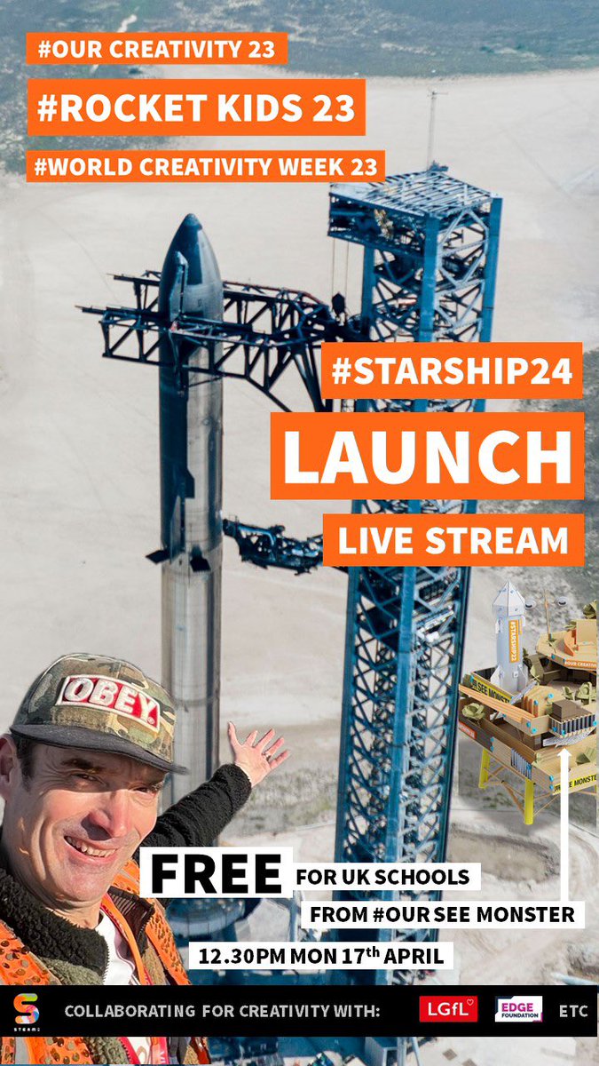 ST3AMCo's tweet photo. FREE EVENT FOR ALL UK SCHOOLSππ©βππ
Live stream of the long awaited maiden flight of @ElonMusk's #SpaceX #StarShip24Launchπ
Live from our studio on #OurSeeMonster π in Boca Chica,Texas
On Day 3 of #WorldCreativityWeek23π #WCIW
If we've visited your school on our #MissionToMars22 or #RocketKids23 UK Tours then we've shared the first part of this incredible story with your children and community
(If we haven't book us this term at link below)
AN INSPIRATION ππ©βππ
It's the story of a lad who read three books a day, aimed higher than high and set out to change the world with his knowledge and skills
And has/is
WHATEVER WILL BE WILL BEππ©βππ
This is the next chapter and if it goes to plan will be a massive milestone - no one has ever got anything this big back from space in one piece!
If it doesn't, it will be a spectacular #EpicFail23π but a great lesson - launch alone is expected to make the loudest noise EVER heard on earth
No humans are on board so no trigger warnings required. Moderated chat channels - suitable for all ages.
BE PART OF ITππ©βππ
Log on to our live stream or sign up to join us in our Zoom studio audience
Watch the epic briefing film
ALL HERE: https://t.co/81YGN6XcRW