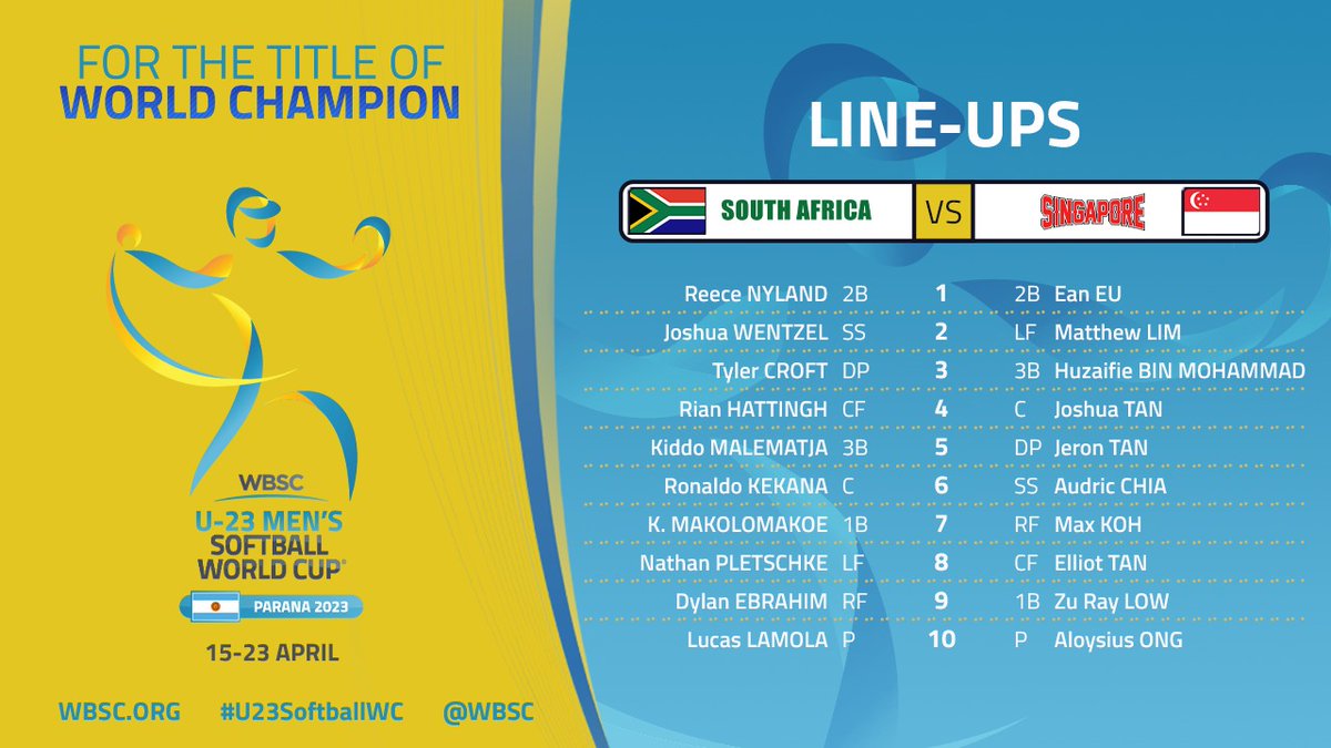 WBSC's tweet photo. 🗒️ Game 7 Lineups!

🏆 🇿🇦 🆚 🇸🇬

📺 LIVE Streaming https://t.co/soado4OWxd
🥎 Play by Play https://t.co/1zTewoBPTi

#U23SoftballWC https://t.co/rwmJqgAjqh