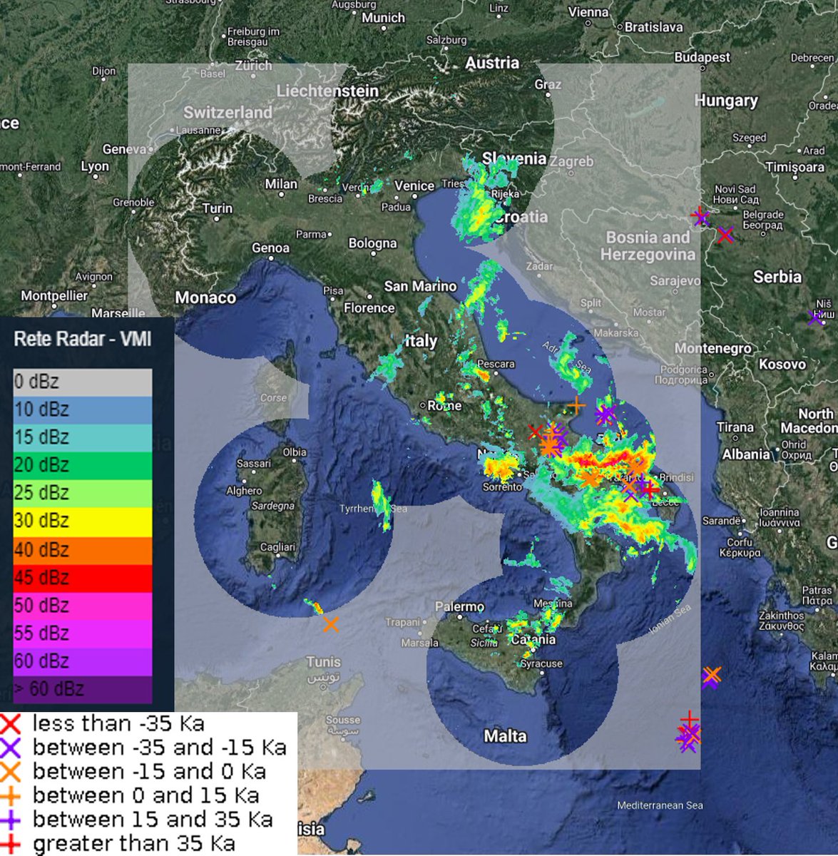 HydroSAF's tweet photo. ☔️☔️A #lowpressure system centered in #Italy is causing intense #precipitation over southern and central regions . The combined observations from satellite (#RainRate from #H60 #HSAF) and from the ground are essential for monitoring the event. @DPCgov @ItalianAirForce https://t.co/3TDbsxLoOl