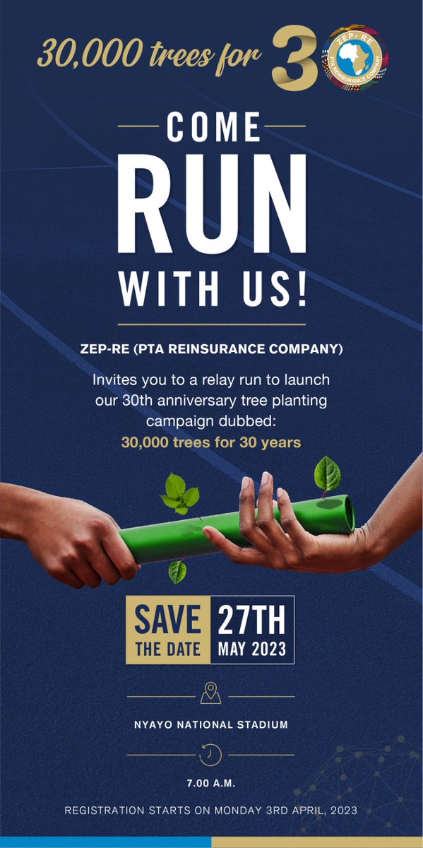ZEP-RE (PTA Reinsurance Company) (@zepre_ptareins) on Twitter photo Come run with us!
When: 27th May 2023
Where: Nyayo National Stadium
Cause: Environment; trees
<a href="/urbanswaras/">Urban Swaras</a> <a href="/NDS_Insurance/">The Nairobi Declaration on Sustainable Insurance</a> <a href="/TeamJashoKE/">Team Jasho Running Club</a> @runfitcoach <a href="/Wakimbizi1/">Wakimbizi</a> <a href="/Oohmyfitness/">@ZoeziMaisha</a> <a href="/TTipwa/">TipwaTipwa</a>
<a href="/PrecisionUtmost/">@UtmostPrecision</a> <a href="/PrivateBikersKe/">Private Bikers Association of Kenya</a> <a href="/bikers/">chairul eyesil</a> <a href="/AKI_Kenya/">AKI</a>
Please register and come join us! Come run with us!
When: 27th May 2023
Where: Nyayo National Stadium
Cause: Environment; trees
<a href="/urbanswaras/">Urban Swaras</a> <a href="/NDS_Insurance/">The Nairobi Declaration on Sustainable Insurance</a> <a href="/TeamJashoKE/">Team Jasho Running Club</a> @runfitcoach <a href="/Wakimbizi1/">Wakimbizi</a> <a href="/Oohmyfitness/">@ZoeziMaisha</a> <a href="/TTipwa/">TipwaTipwa</a>
<a href="/PrecisionUtmost/">@UtmostPrecision</a> <a href="/PrivateBikersKe/">Private Bikers Association of Kenya</a> <a href="/bikers/">chairul eyesil</a> <a href="/AKI_Kenya/">AKI</a>
Please register and come join us!