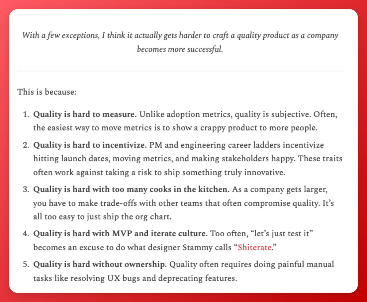 5 reasons why shipping quality products often becomes harder as a company becomes more successful.

Despite these odds, here's my best advice on how you can make quality a priority in your company: