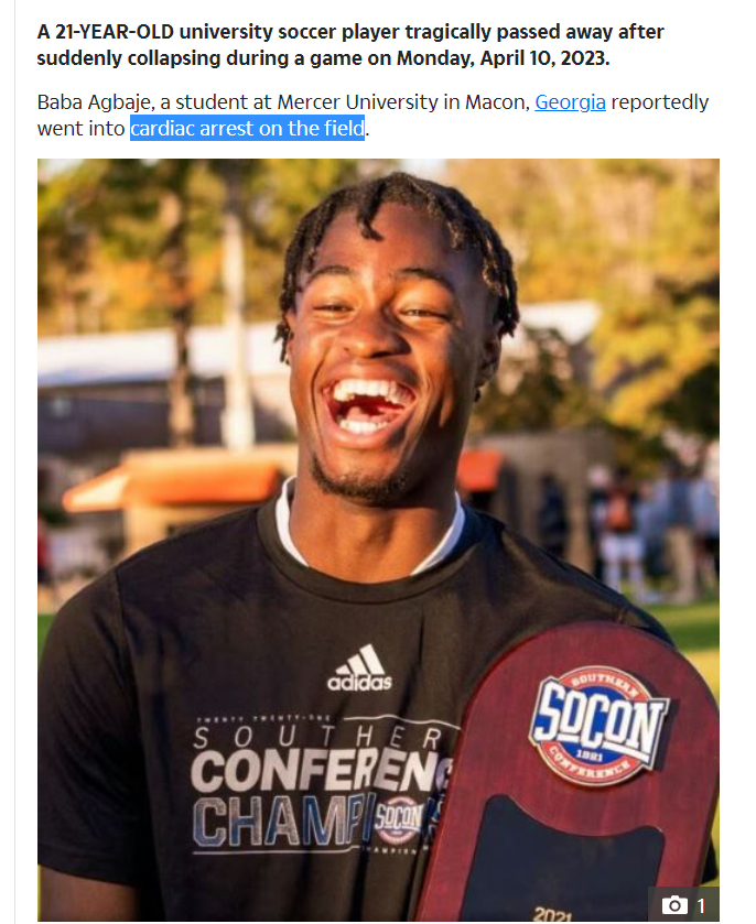 Macon, GA - 21 year old university soccer player Baba Agbaje collapsed, went into cardiac arrest on the field and died

He had no health issues on last physical exam

COVID-19 mRNA vaccine induced myocarditis until proven otherwise <a href="/P_McCulloughMD/">Peter A. McCullough, MD, MPH®</a> 

#DiedSuddenly #cdnpoli #ableg