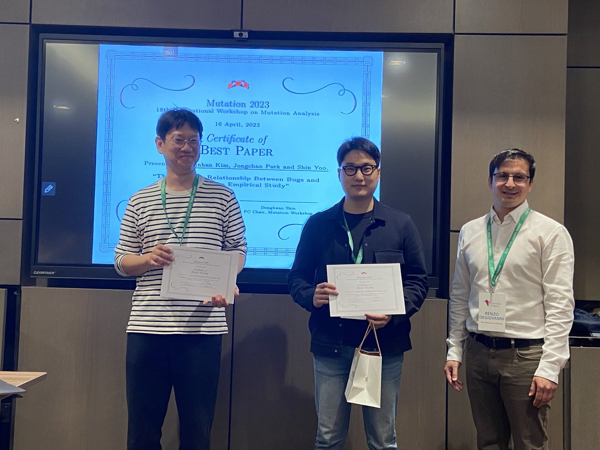 MutationWS's tweet photo. 🎉and the best paper award goes to....
Jinhan Kim, Jongchan Park and Shin Yoo: "The Inversive Relationship Between Bugs and Patches: An Empirical Study". Congrats! #Mutation2023 @icstconference https://t.co/g1zdE4lGQR