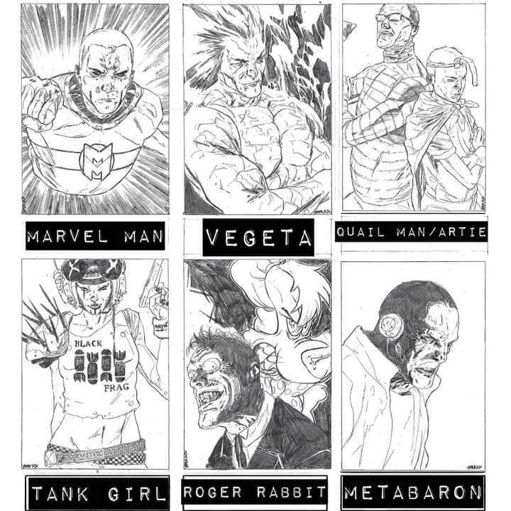 jeebyamen's tweet photo. #sixfanarts #vegeta #dragonballz #marvelman #miracleman #theadventuresofpeteandpete #artiethestrongestmanintheworld #quailboy #doug #nickelodeon #tankgirl #whoframedrogerrabbit #rogerrabbit #metabaron https://t.co/InkJAEncAp