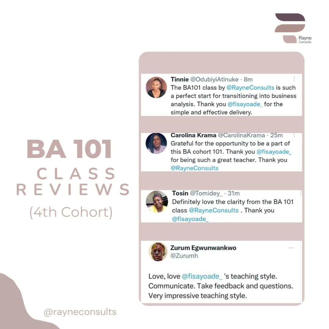 RayneConsults's tweet photo. BA 101 COHORT IV was absolutely amazing! 

Here is what students from the Cohort IV of the just concluded Business Analysis 101 class had to say. 

#BA101 #businessanalysis #businessanalysts #businessanalysiscareer #rayneconsults #itsrayning #BAcoach #businessconsultant https://t.co/rW4K446EXx