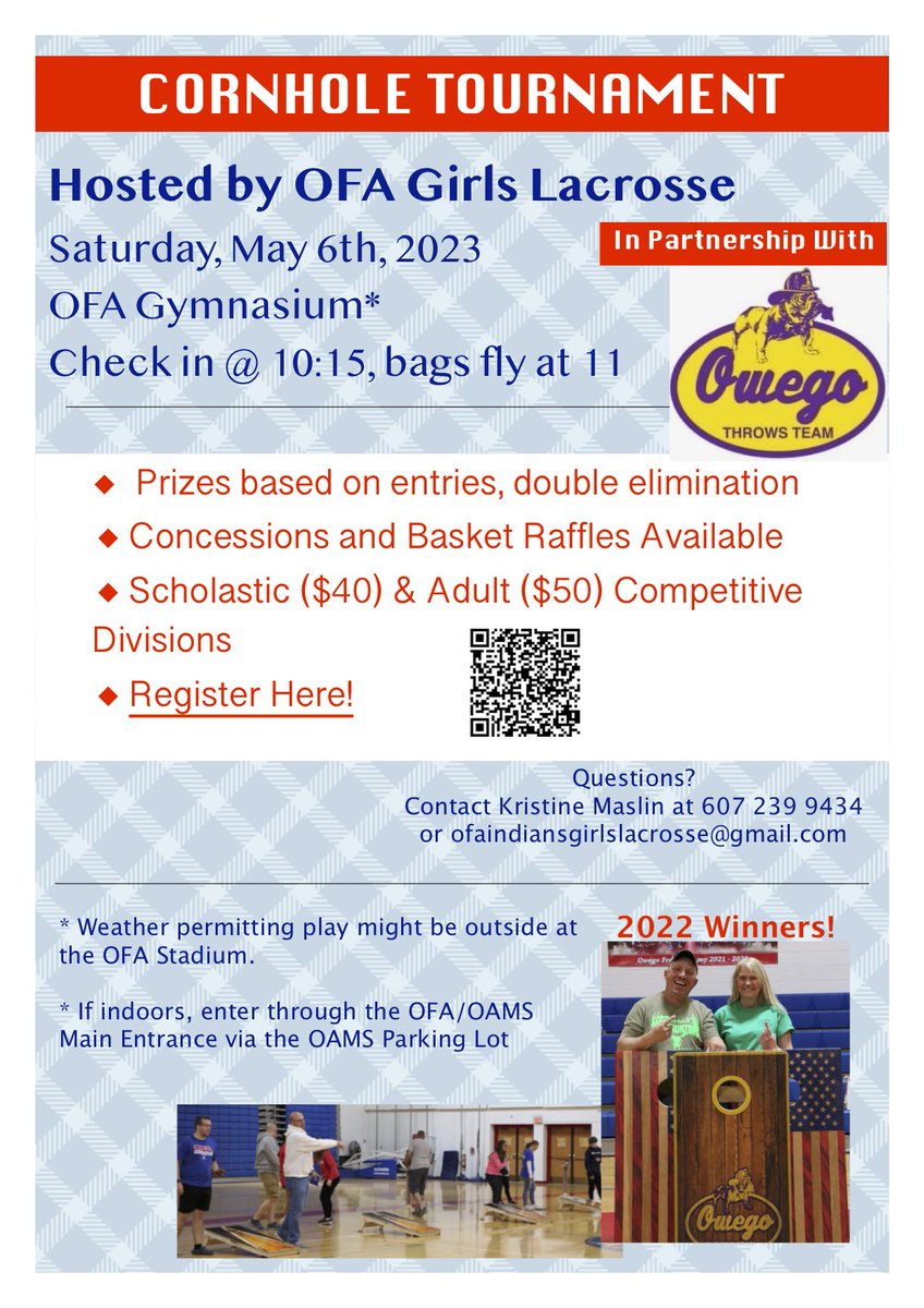 Announcing the 2nd Annual OFA Girls Lacrosse Cornhole Tournament 5/6/23!  Join the fun &amp; support the Mod/JV &amp; Varsity Teams!