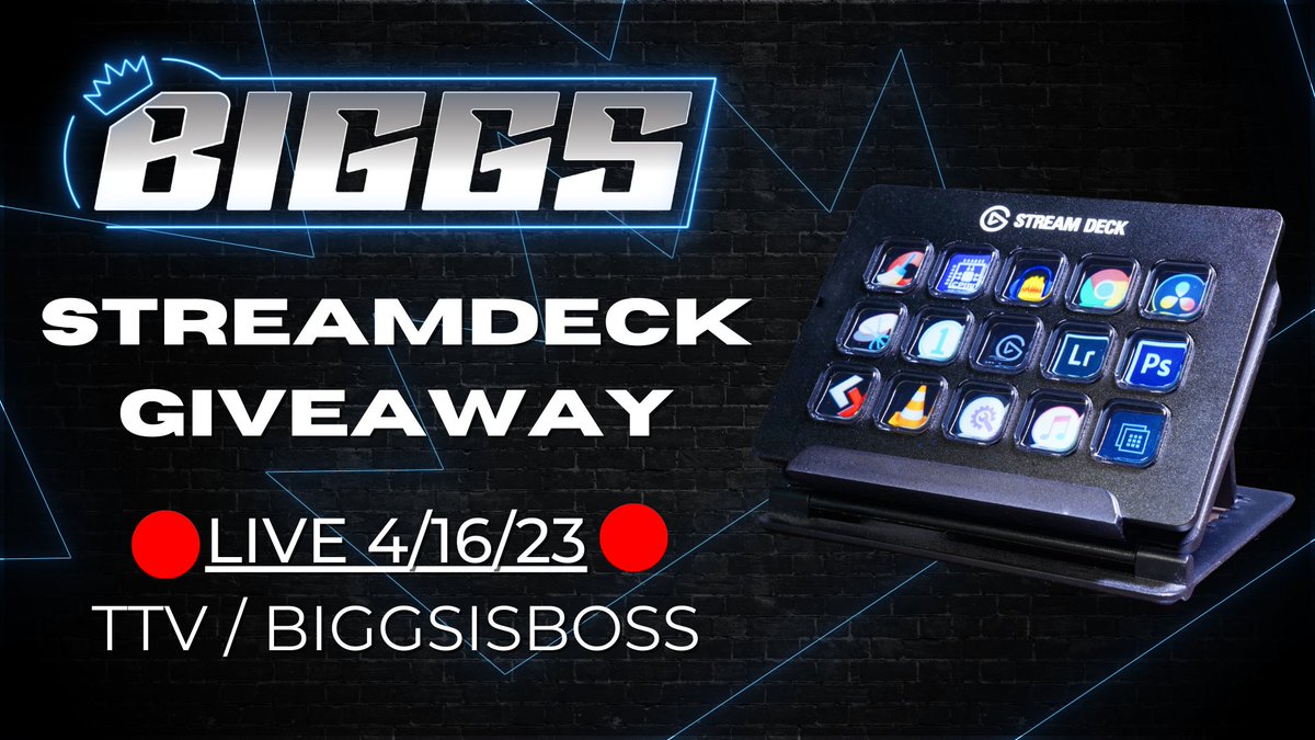 BiggsIsBoss's tweet photo. We are giving away some amazing prizes today for the 12-hour stream from 12pm-12am! The final giveaway is an #elgato Streamdeck! 

Join my livestream today and learn how to enter. Must be following and in the chat to win the Streamdeck --> https://t.co/8xrSfbc0n7 https://t.co/y0ut1mDeny