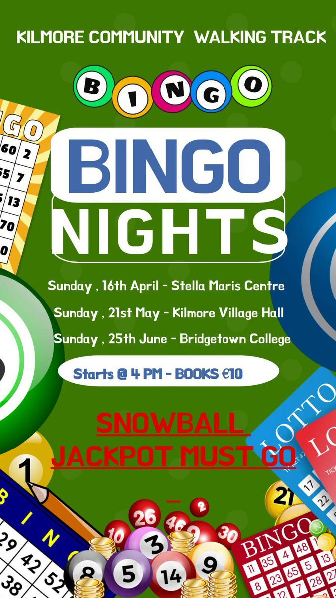 KilmoreGAAWex's tweet photo. First round of the Monster Bingo this afternoon at 4pm in the Stella Maris Centre. All proceeds going towards the construction of the Kilmore Community Walking Track!! So get down and support a great cause.... https://t.co/LvthhL3W8C