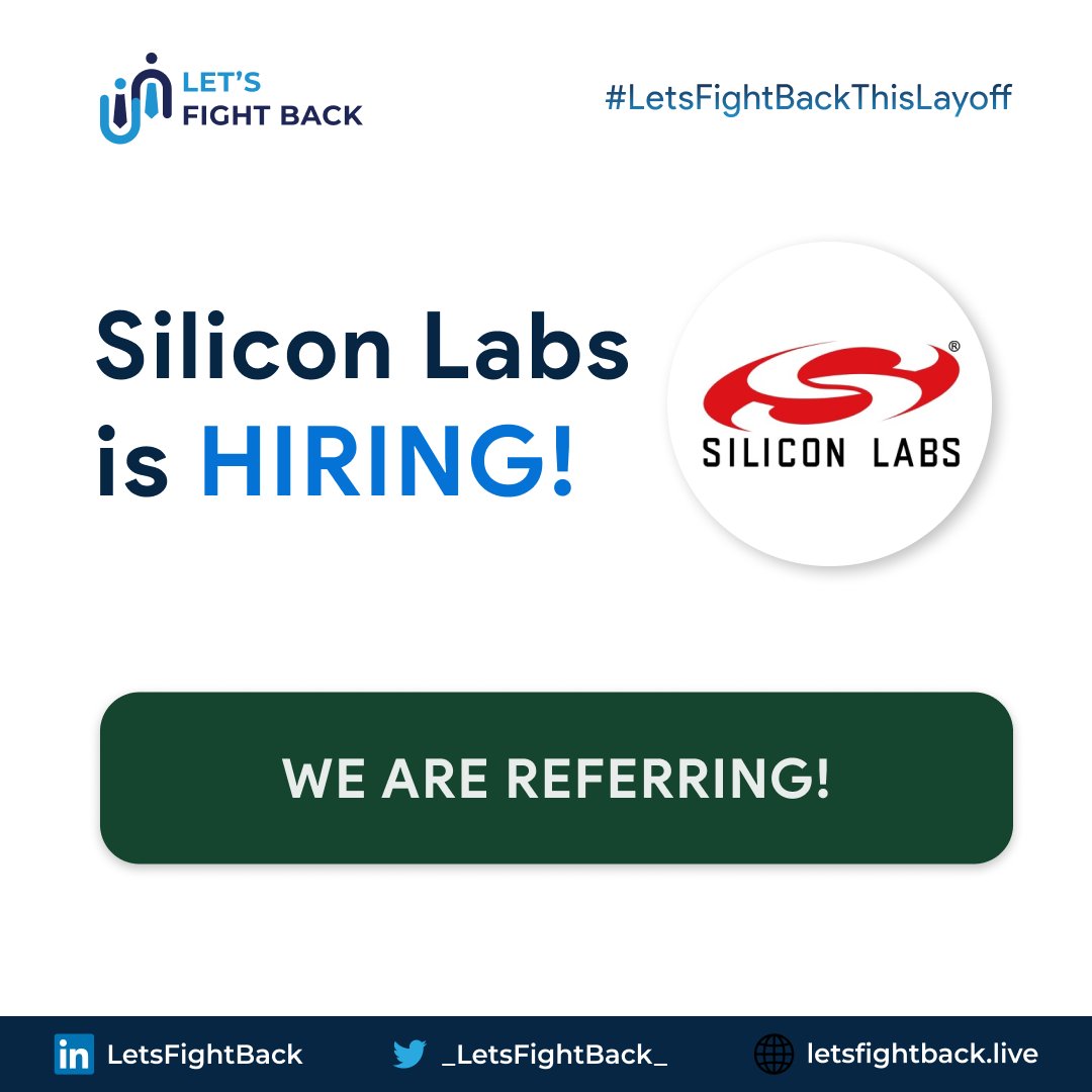 _LetsFightBack_'s tweet photo. 🚨 #HiringAlert! Join our 1200+ member community to draft your fight-back journey from #layoffs.
Check out the job opening at Silicon Labs and let's #LetsFightBack together!
#JobSearch #NowHiring #Internship #Placement #DSA #JobUpdate https://t.co/UPlLZrcStu