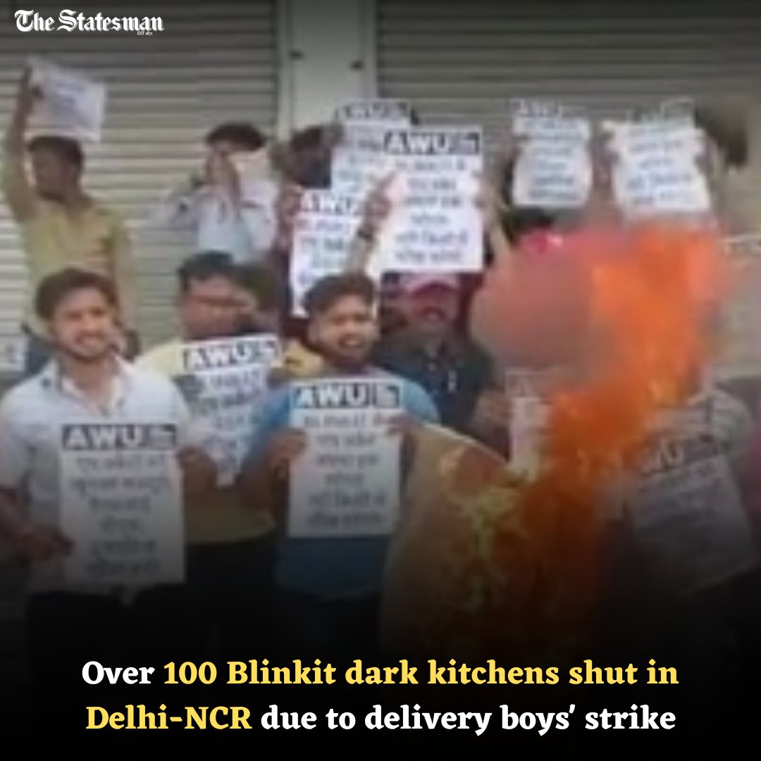 TheStatesmanLtd's tweet photo. #Zomato-owned quick commerce platform #Blinkit has shut down over 100 dark kitchens in #DelhiNCR, #Gurugram, #Noida, &amp; #GreaterNoida for the past three days due to the ongoing #deliveryworker #strikes, and it is expected that a larger number of stores will also go offline. https://t.co/Xt6Tv1Zomg