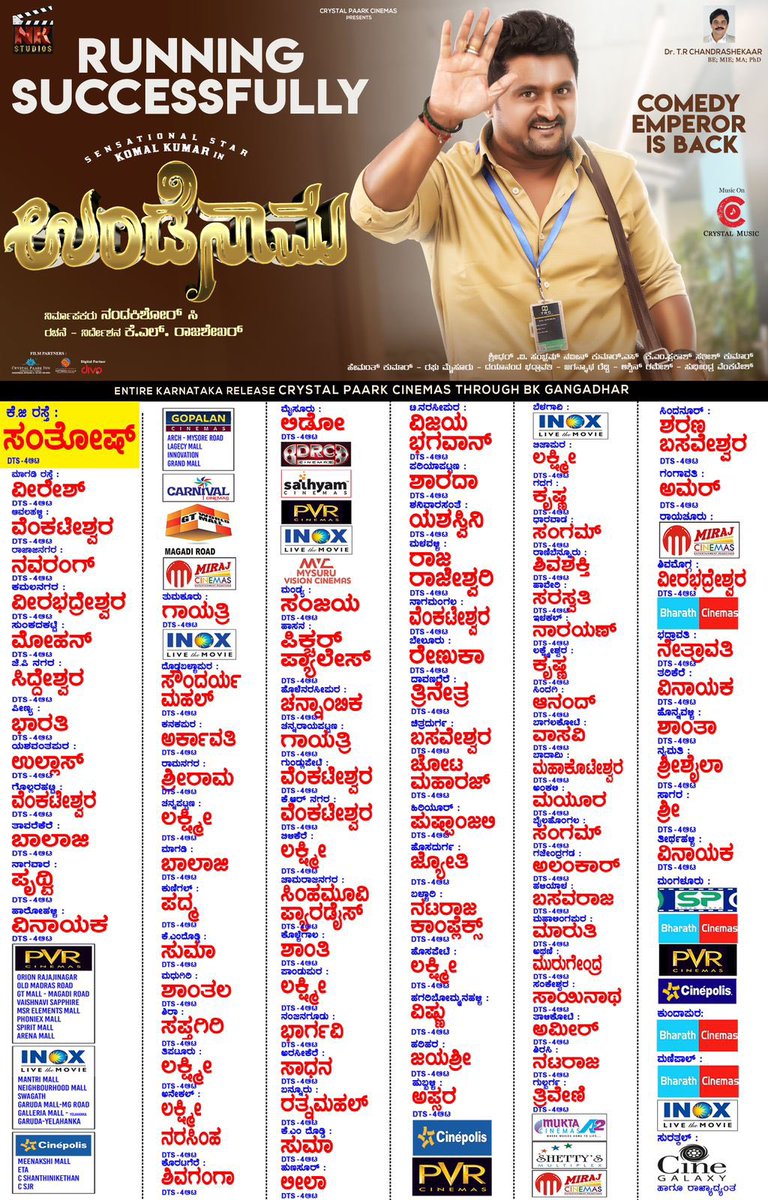 NamCinema's tweet photo. Non Stop ಕೋಮಲ್ ಕಾಮಿಡಿ ಮಜಾ ಇರೋ #ಉಂಡೆನಾಮ ರಾಜ್ಯದಾದ್ಯಂತ ಯಶಸ್ವಿ ಪ್ರದರ್ಶನ ಕಾಣುತ್ತಿದೆ 🤗
#NamCinema #Undenaama #SensationalStar #Komalkumar #Nkstudios #CrystalPaarkCinemas #CrystalMusic #Undenaama14april2023 https://t.co/O4AAhqX87o