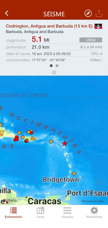 JCSamyde's tweet photo. #tremblement de terre Dimanche 16 avril 2023 a 5h50 (heure locale) #seisme 5.1 a frappé Barbuda, Antigua and Barbuda, 21.0km, 05:49 UTC−4 (USGS) https://t.co/yxnpvUrJnR ressenti faible en Guadeloupe https://t.co/eAZE8lS5XW