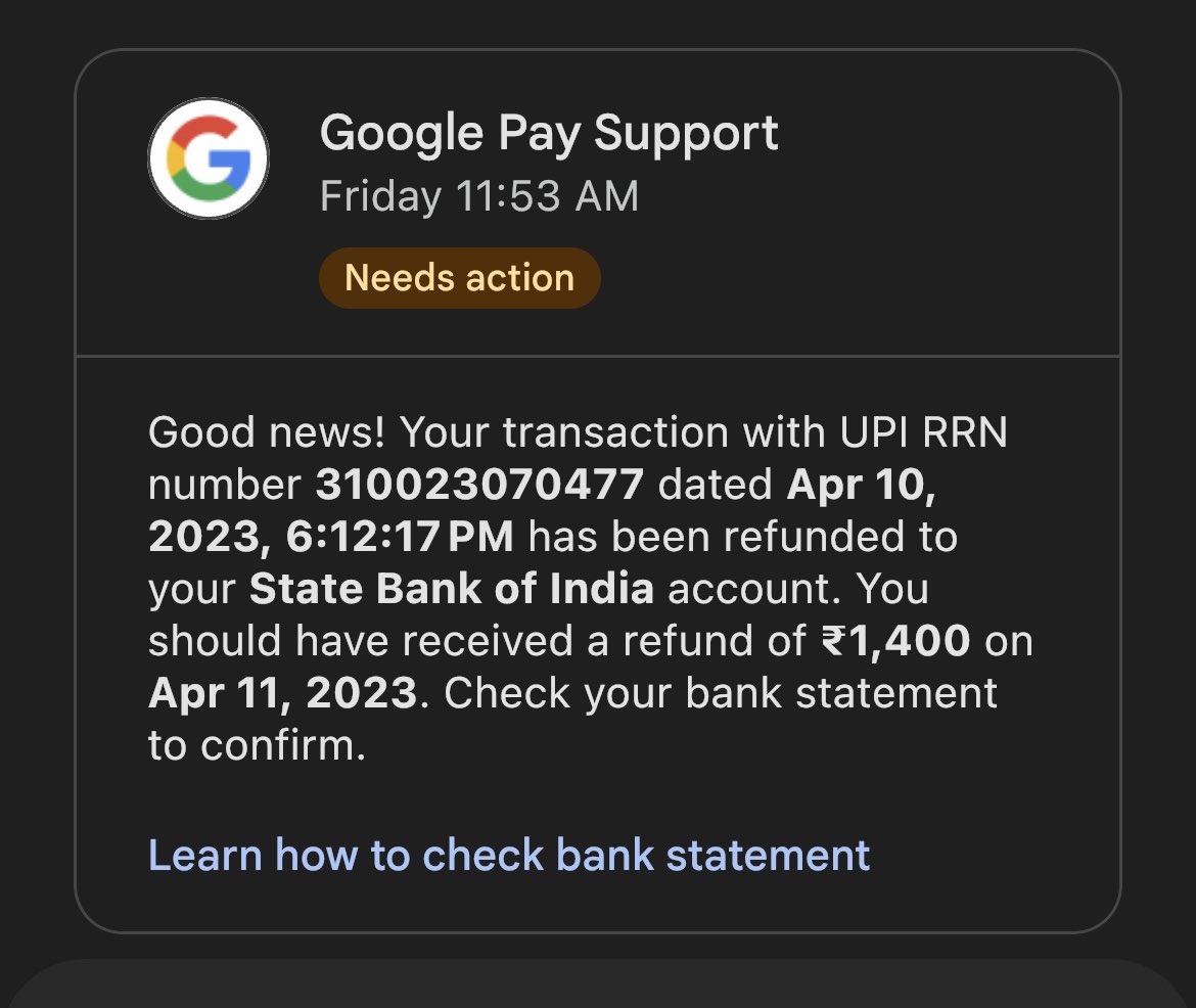 iamemanali's tweet photo. @GooglePayIndia money failed to transfer on April 10. 2023. And since then Google has confirmed refund but no refund has been made. I have called customer support 4 times now. What the hell?!  Is this how you make money? 

#scam #google @FinMinIndia https://t.co/C1xUCXIdaV