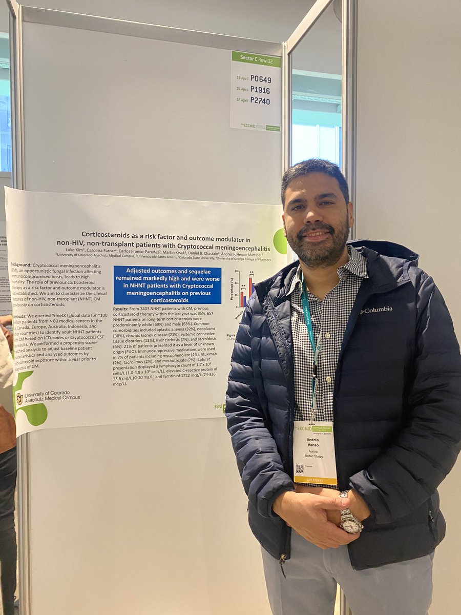 andhen25's tweet photo. Delighted to share our clinical research at @ECCMID #ECCMID2023
#corticosteroids are linked to worse outcomes in non-HIV, non-transplant #cryptococcal meningoencephalitis
@CUDivofID @CUDeptMedicine https://t.co/dbd9zdVX96