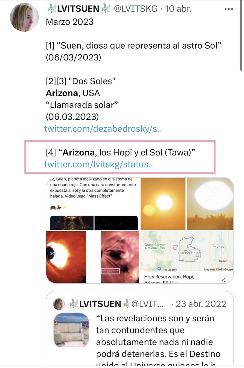 LVITSKG's tweet photo. [1] “Abril de 2023 será el mes de destacar en la Historia de la Humanidad...”
#SueNKGifT✨
#VisionerWriter✍️

[2] “Arizona, los Hopi y el Sol (Tawa)”
▫️https://t.co/60A3jhSTmj
▫️https://t.co/keHQNrSTmV

[3] “Arizona sets a new April daily heat record, higher than the last record” https://t.co/w7zrJnKSof