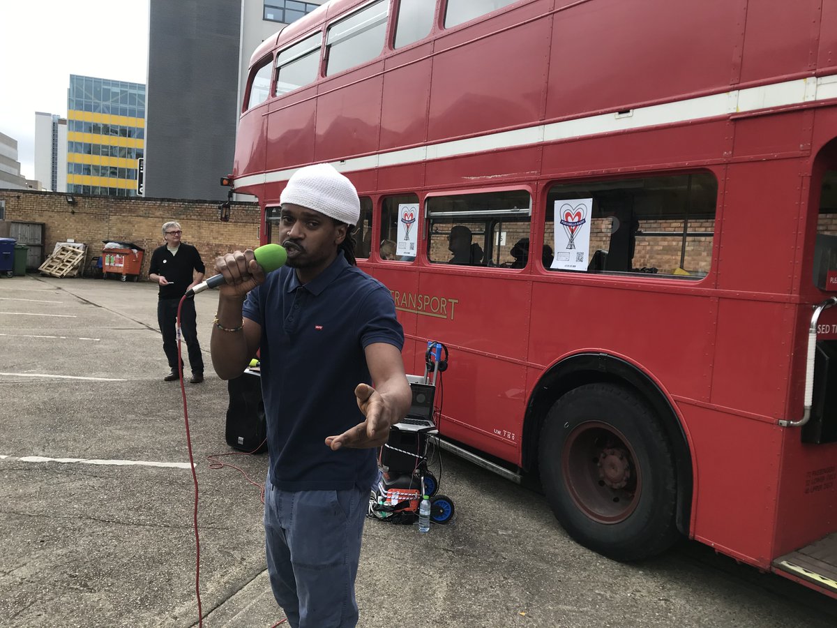 PortobelloRadio's tweet photo. Ish performing on The April #Artbus as we toured the galleries of West Ldn with @FilipposTsitsop 'The Professor' wearing flowers, fruit &amp; meat. Mobius, TubbyKun, SofreyaSol, I Am Steph, Kitty Nobel, Susanna &amp; Seamus also performed live at each stop. Listen Sunday 12pm #livestream https://t.co/hv2ECFbDqm