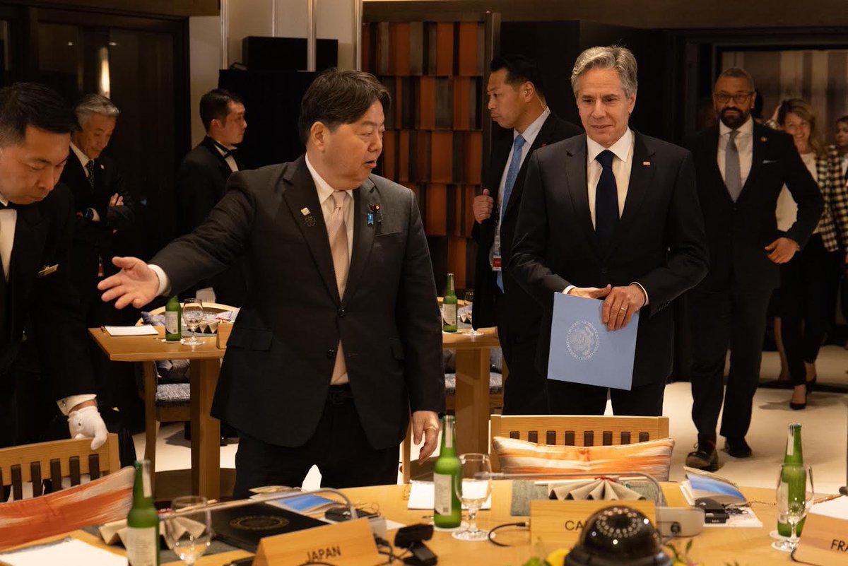 SecBlinken's tweet photo. Kicked off our @G7 meetings with a working dinner and discussion on security in the Indo-Pacific region. We are aligned on addressing challenges to the rules-based international order that underpins stability in the region and around the world. https://t.co/bvNX60VzcO