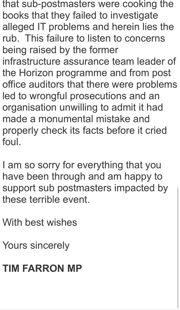 A very supportive response from @timfarron who was my MP and still remains in the Local MP . An MP that understands the mistakes made by @PostOffice and was happy for me to share his support … “pressure from Japan “🤷🏻‍♂️that’s a new one #thepostofficescandal