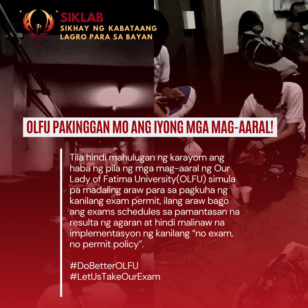 siklabdotph's tweet photo. OLFU Pakinggan mo ang iyong mga mag-aaral!

AND KALIDAD NA EDUKASYON AY KARAPATAN NG LAHAT! ANG PAGPAPAHAYAG NG MGA HINAING AY PARA SA PAG-UNLAD! HAYAAN ANG MGA MAG-AARAL NA MAKUHA ANG KANILANG EXAMS!

#DoBetterOLFU
#LetUsTakeOurExam

BASAHIN NG BUO:
https://t.co/JG0Cl69EIZ https://t.co/ul7iOYh4Je