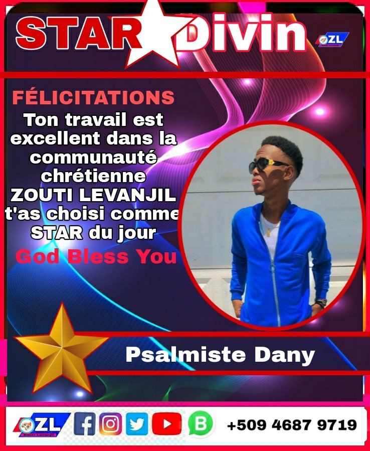 MediaChretienHT's tweet photo. Félicitations Psalmiste Dany pour votre travail dans la communauté chrétienne . Zouti Levanjil vous a nommé STAR du jour dans la rubrique STAR DIVIN 
👎👎👎👎
https://t.co/6knnmt8Fpf https://t.co/WUU1I1xzNy