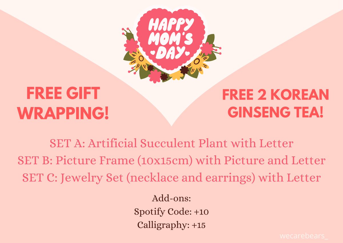 wecarebears_'s tweet photo. Mother's Day Special Gift 💝
→ ₱149.00 per set
→ limited slots only!
→ cut off: May 8, 6PM
     shipping: May 11-13
→ dop: PAYO, mop: GCash

t. wts lfb ph package https://t.co/LxXgW7AyQL