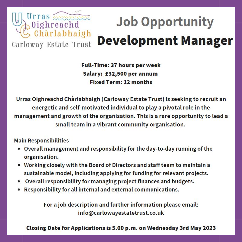 Exciting opportunity to join our team. 
For more information see our website: carlowayestatetrust.co.uk/dreuchd-bhan-j…

#communitylandtrust #communityowned #communityled