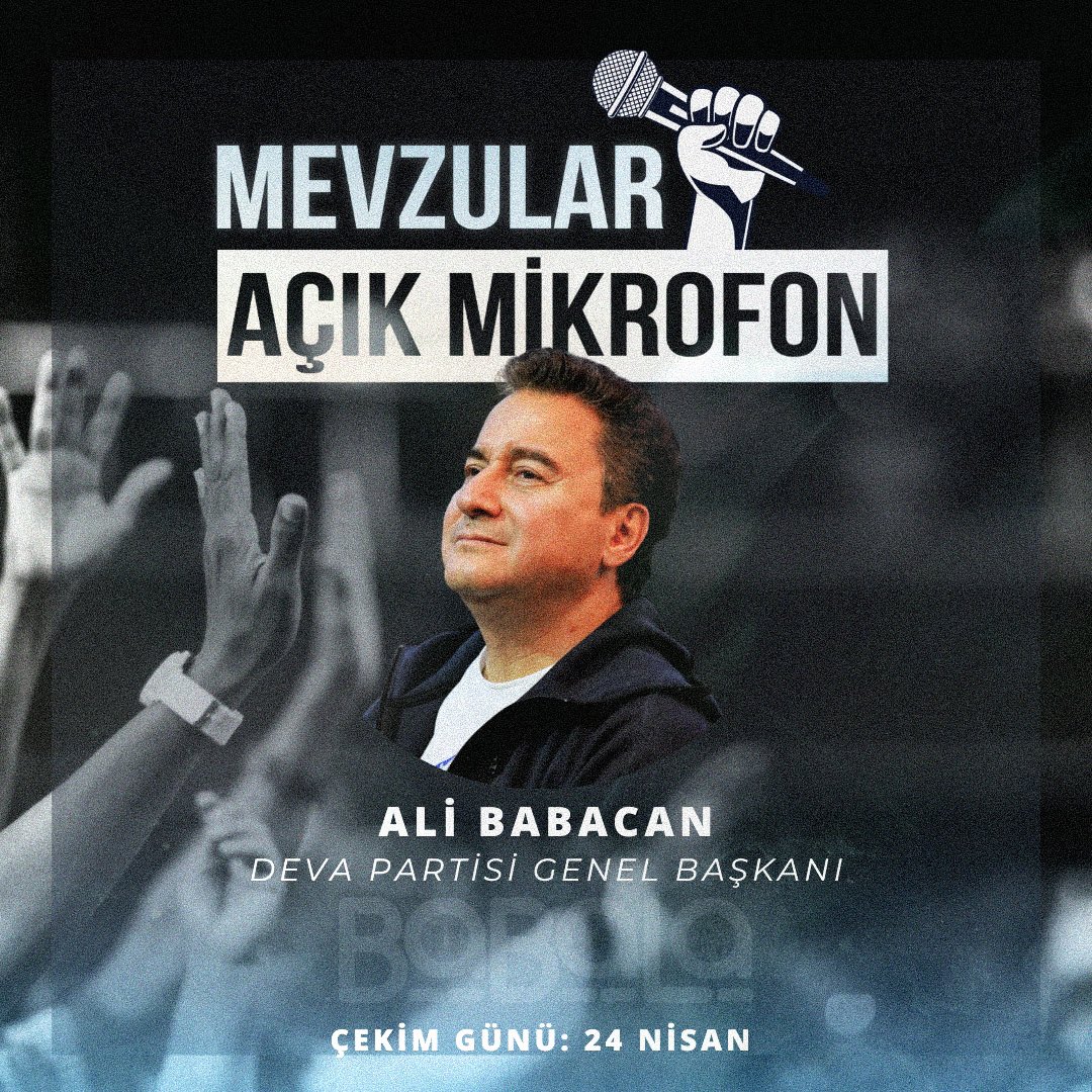 DEVA Partisi Genel Başkanı Sn. Ali Babacan <a href="/alibabacan/">Ali Babacan</a> 24 Nisan’da konuğumuz oluyor. Başvuru paylaşımı pek yakında. 🏹 #mevzularaçıkmikrofon #babalatv