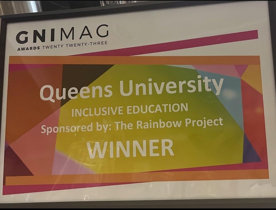 Pride Society, Plus and PRISM accepted the Inclusive Education award from <a href="/gnimag/">GNI Magazine</a> at the GNI awards last night, on behalf of Queen's University Belfast. We had an amazing time, thank you to everyone who voted for QUB!
