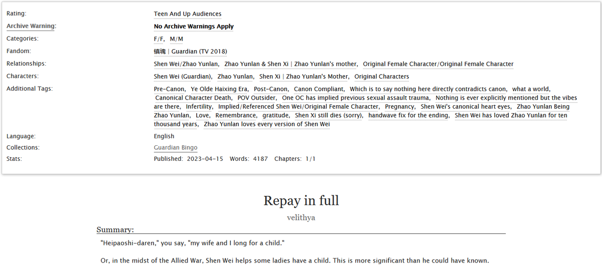 New fic for #GuardianBingo2023 April bonus prompt: Ancestors🖤🍭
#ZhenHun #Weilan

Just a quiet little story about gratitude, legacy, and love.

Fic: archiveofourown.org/works/46507501

Please enjoy!🥰