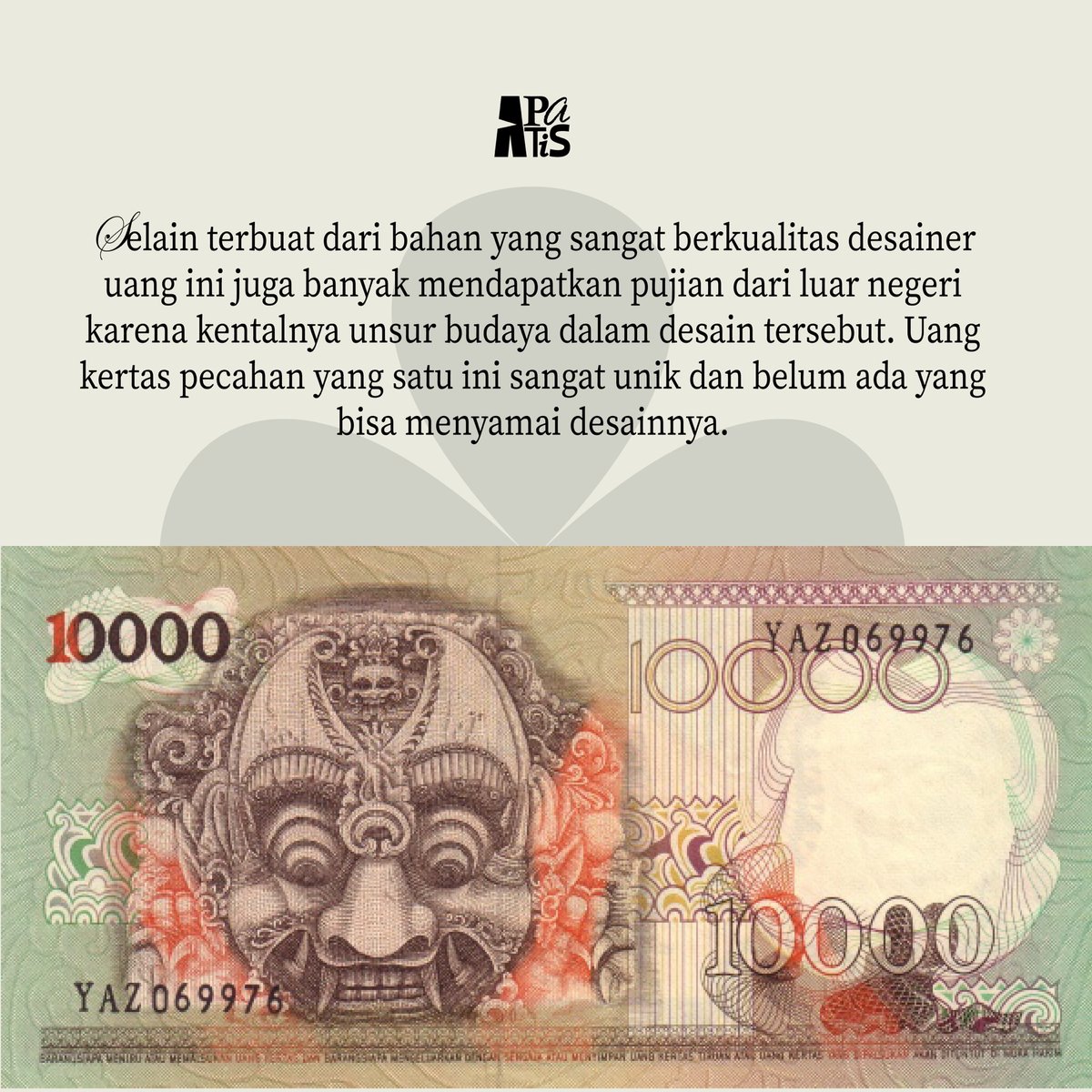 apatis_tgp's tweet photo. Hi fellas👋

Ada informasi terbaru lagi nih, kalian tahu gak sih kalau desain uang kertas Indonesia pernah menjadi desain uang terbaik di dunia?
Yups ini merupakan desain hasil karya Junalies yang rilis pada tahun 1975 silam. 

#APATIS2023 #ExhibitionJakarta #JakartaEvent https://t.co/V6SFiIeIqU