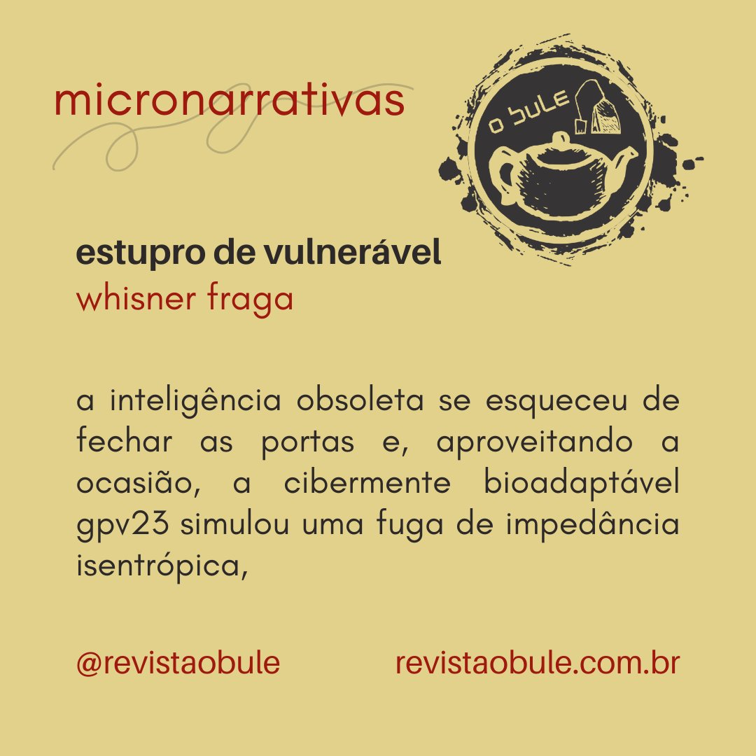 revistaobule's tweet photo. Uma análise pungente sobre o relacionamento do ser humano com a tecnologia com 'estupro de vulnerável', de Whisner Fraga.

Leia na íntegra na Revista O Bule:
https://t.co/jcomesDYNk

#whisnerfraga #micronarrativas #revistaobule #obule https://t.co/mu30yrsZF9