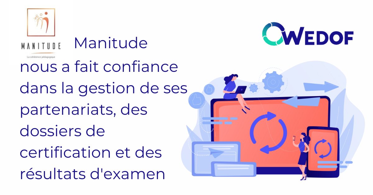 #Wedof est heureux de compter #Manitude comme un de ses organismes de certification collaborateurs.

#dossiercpf #edof #gestionformations #organismecertificateur #logicielformation #apiformation