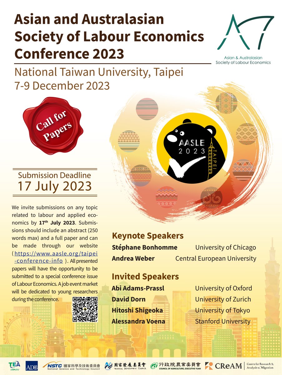 📢Call for Papers AASLE 2023 Conference in Taipei, Taiwan 7-9 December 2023. We invite submissions on any topic related to labour and applied economics. Paper submission deadline is 17th July. More information here bit.ly/aasle2023taipei #EconTwitter