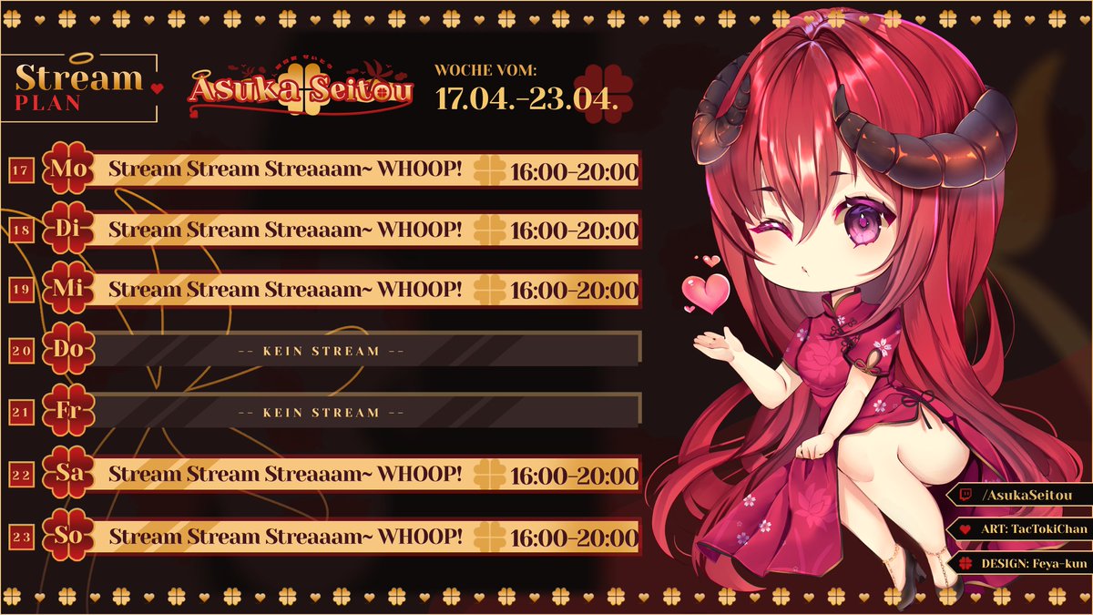 AsukaSeitou's tweet photo. #Streamingplan für kommende Woche. Was die #Games angeht werden wir wohl immer abstimmen. x3 #Twitchpoll

Achja, falls ich mit den ToDos gut voran komme, werde ich schon früher #live kommen! :3

#Vtuber #GerVtuber #Succubus https://t.co/rxqBRgTGnw