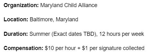 mchildalliance's tweet photo. JOB POSTING: Co-Director of Canvassing - Summer Internship.

Learn more about the position with the following link and email nate@marylandchildalliance.org to apply.

https://t.co/hIZUTIVPXH https://t.co/iul0wQI7io