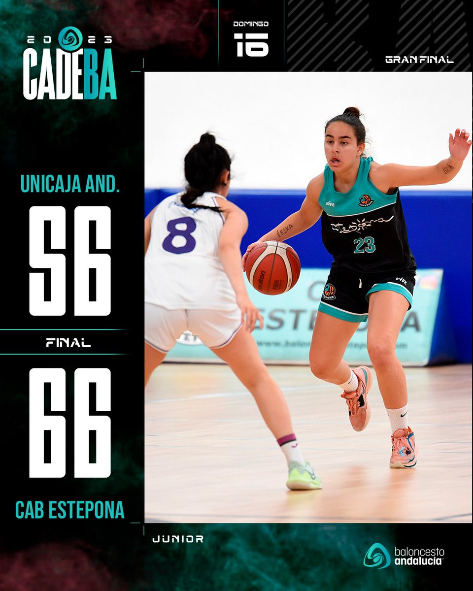 FAB_Andaluza's tweet photo. ⛹️♀️ #CADEBAJF2023 | GRAN FINAL 🏆
FINAL 🔚
🥇 ¡¡ESTEPONA ES NUEVA CAMPEONA DE ANDALUCÍA!!
⏰ 10:00h
📍 Pab. JA Pineda
🏀 @CanteraUnicajaC 5️⃣6️⃣-6️⃣6️⃣ @CABESTEPONA
📊 Afición FAB
#baloncestoandalucia
@urbaser_ @cajasur @TurismoAND @pontgrup @diputacionMLG @AytoEstepona https://t.co/OriuMVOxs5