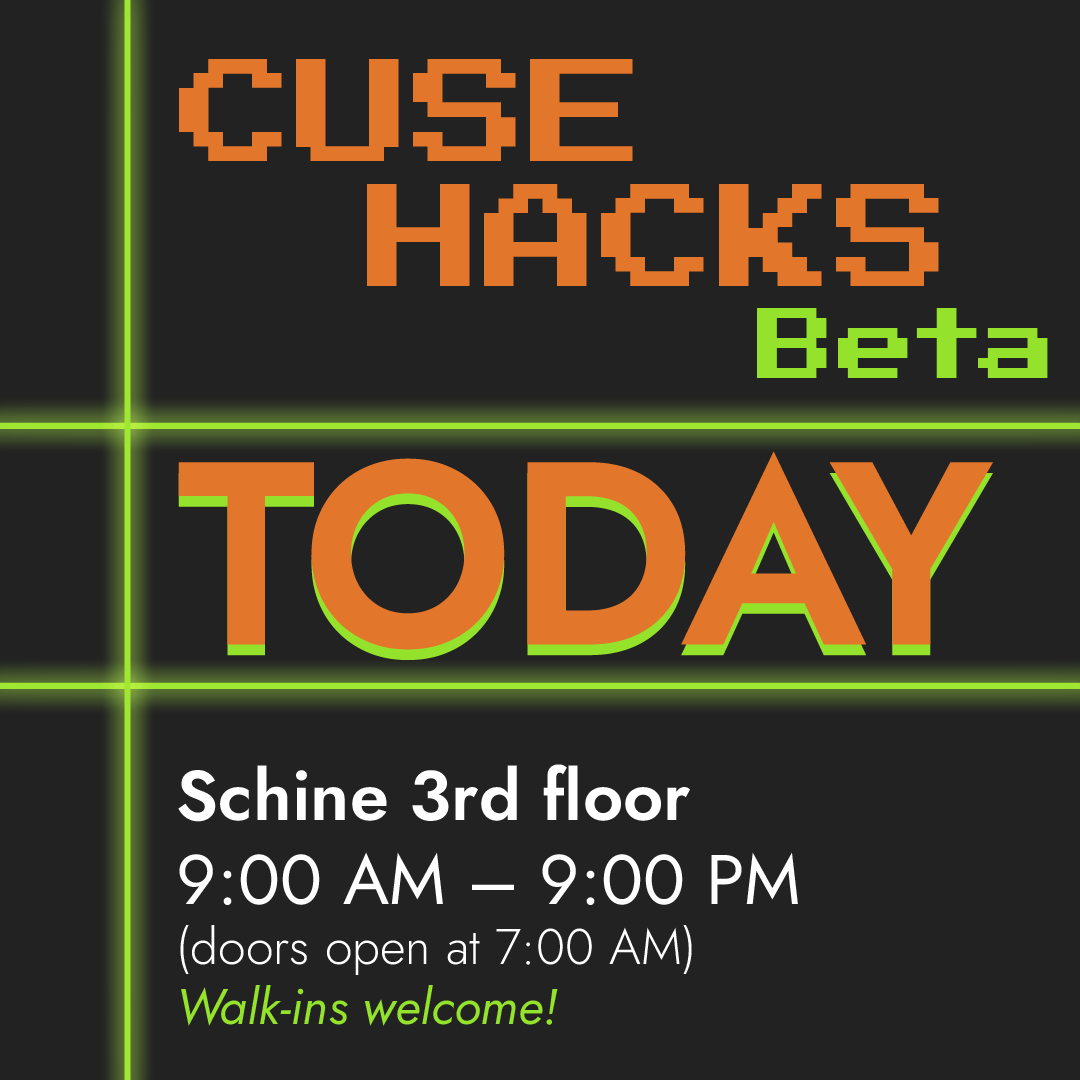 CuseHacks's tweet photo. CuseHacks Beta is TODAY!!!
Walk-ins welcome!
#cusehacks #syracuseuniversity #hackathon https://t.co/NVuYanSeRz