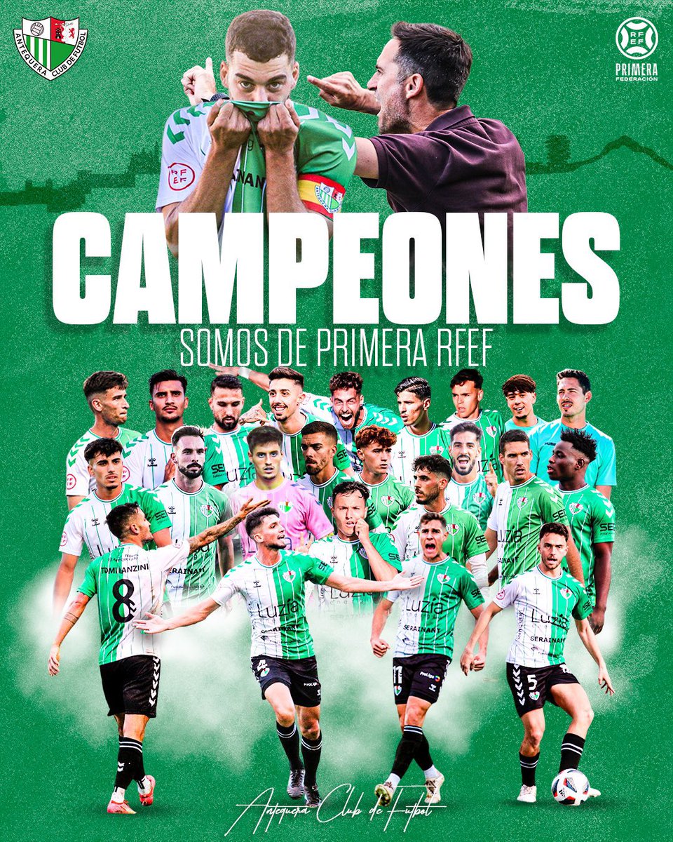 AytoAntequera's tweet image. ⚽️💚 Histórico ascenso e histórico logro del @AntequeraCF

#Antequera se siente orgullosa del equipo, y cuerpo técnico, por conseguir ascender a #PrimeraRFEF 

El deporte de la ciudad vuelve a escribir un capítulo irrepetible

¡Enhorabuena y Felicidades!