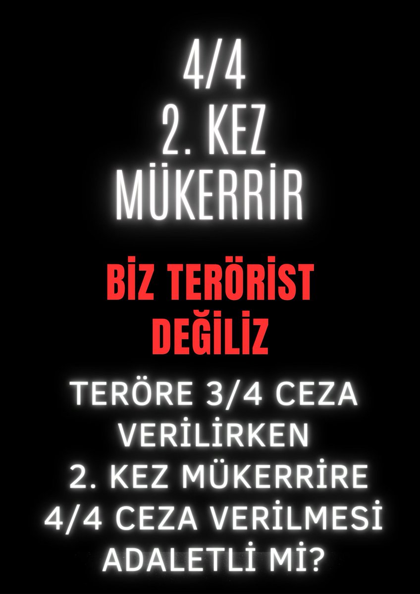 @aselimkoroglu #BayramBizedeGelsin #AdaletİçinMükerrerİptal 2. Kez Mükerrir infazı basit kamu suçları olduğu halde indirim, açık cezaevi, denetimli serbestlik hakkı yok adaletsiz infaza seçimden önce son verilmesini istiyoruz. @RTErdogan @dbdevletbahceli @bybekirbozdag @YildizFeti