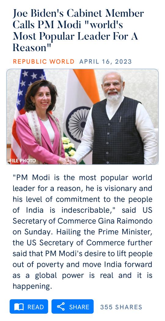Joe Biden's Cabinet Member Calls PM @narendramodi ji 'world's Most Popular Leader For A Reason' republicworld.com/india-news/gen… via NaMo App