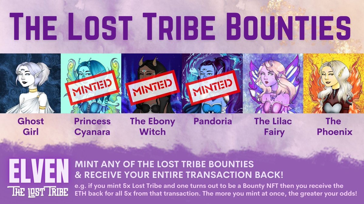 ELVEN_NFT's tweet photo. There are still 3x Bounty NFTs waiting to be minted!!

Mint one of these and your entire tx is refunded!

So if you mint 8x Lost Tribe and one is a bounty, you get all 8 for free!

Good luck folks.
Mint Link &amp; details in pinned tweet. 💜 https://t.co/JAuqp5micX