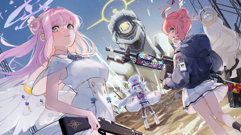 mika (blue archive) multiple girls halo weapon gun hair bun submachine gun pink hair  illustration images