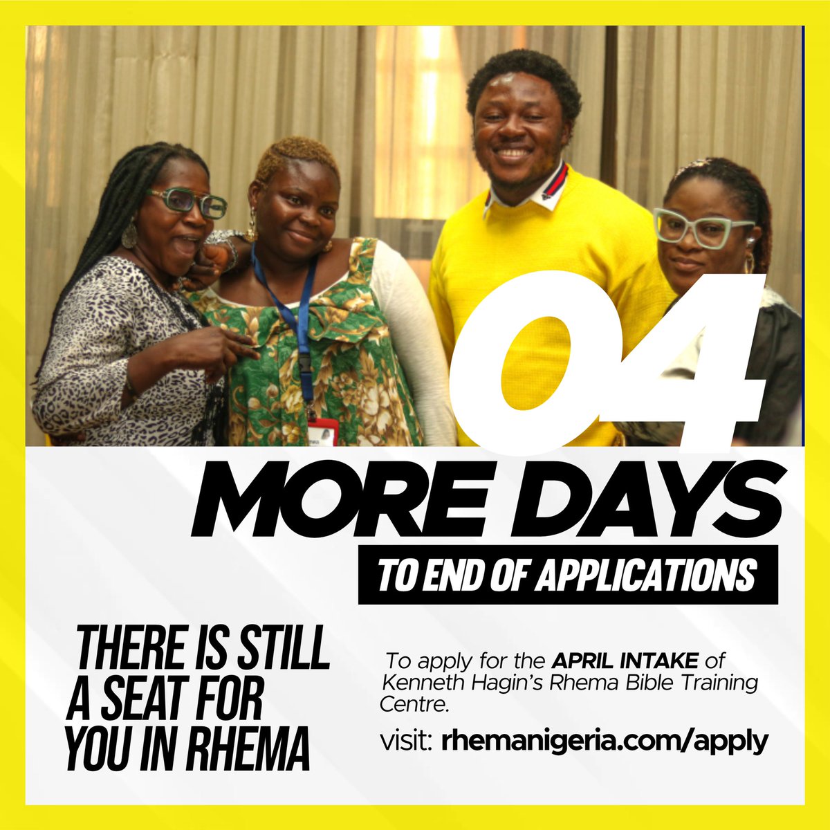 4 DAYS LEFT TO END OF APRIL APPLICATIONS.

Kindly register for Kenneth Hagin’s Rhema Bible Training Centre, Nigeria.

You can register in 3 minutes.

Visit rhemanigeria.com/apply to register.
.
.
.
#BibleSchool #KennethHagin #RhemaNigeria #April #BelieversAuthority