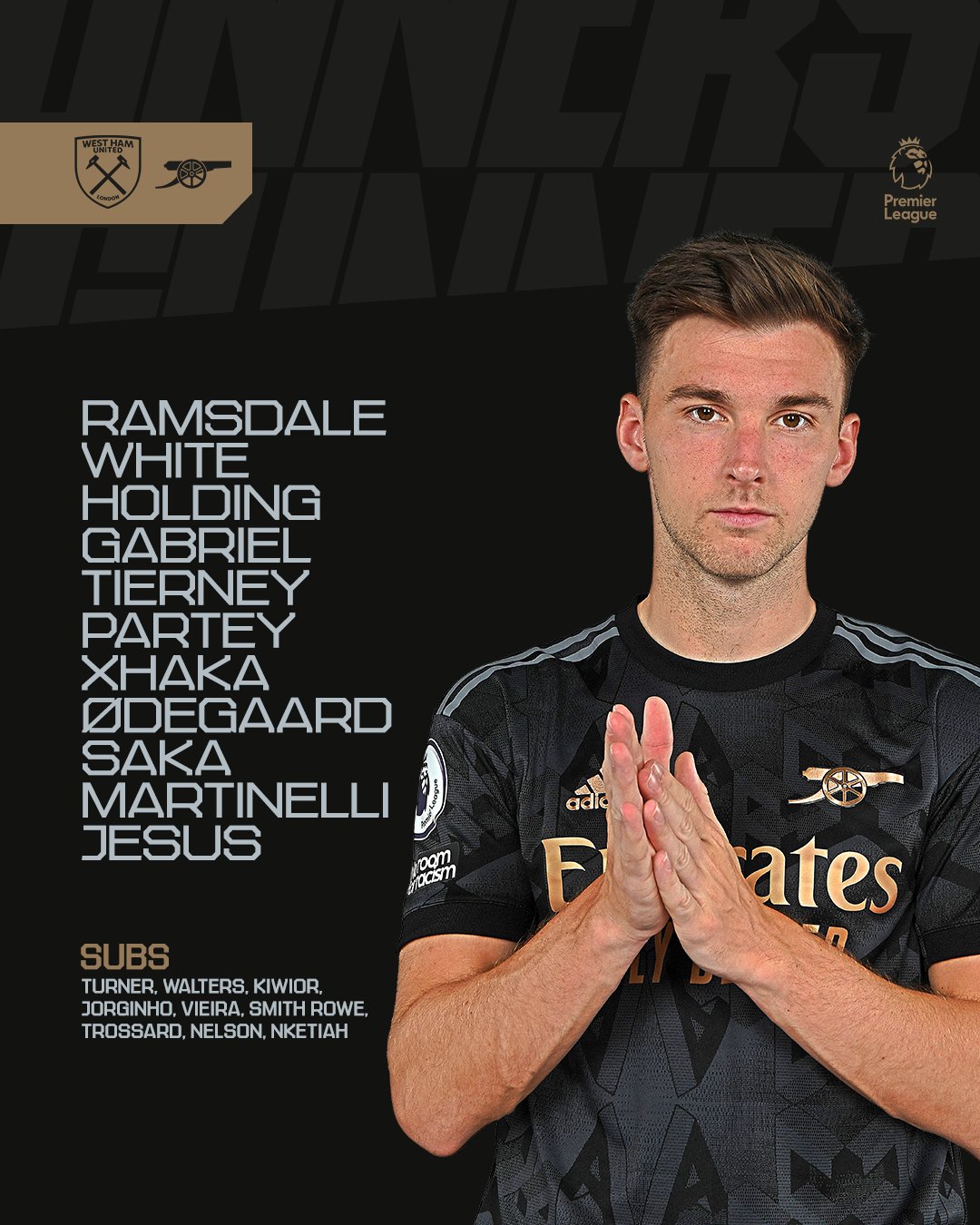 An image of Kieran Tierney along with the following team news: Team: Ramsdale, White, Holding, Gabriel, Tierney, Partey, Xhaka, Odegaard, Saka, Martinelli, Jesus Subs: Turner, Walters, Kiwior, Jorginho, Vieira, Smith Rowe, Trossard, Nelson, Nketiah