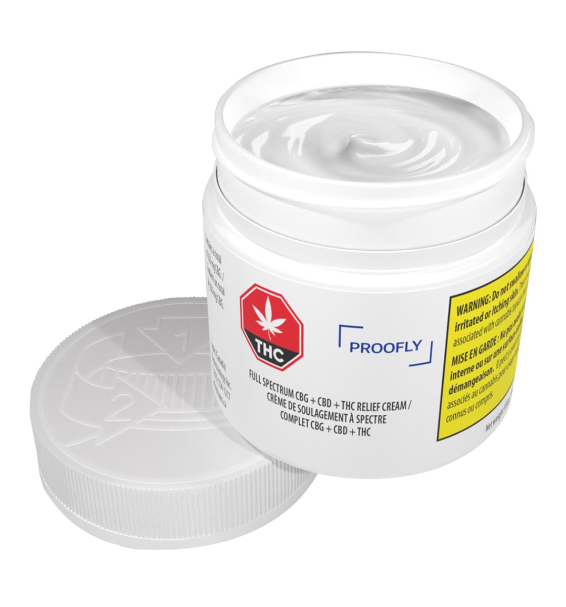 Discover Full Spectrum CBG + CBD + THC Relief Cream – the complete, all-in-one topical by Proofly! Different from other topicals, this mint-scented cream is infused with a unique blend of 250g of CBG, CBD, and THC along with all-natural ingredients.